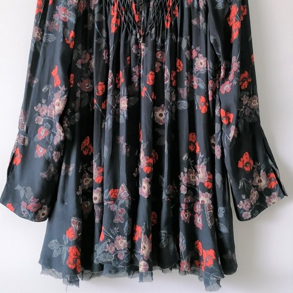 Free People Women's Gray Floral Tie Neck Layered Tunic Top/Mini Dress Size SP - Picture 4 of 6